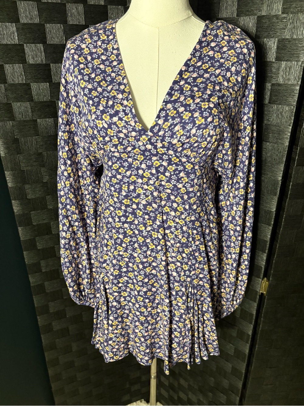 Zara Floral V-neck Drop Waist Long Sleeve Flared Skirt Mini Dress